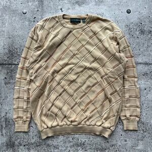 Vintage Tundra Sweater Mens Large Tan 3D Textured Knit Grid Striped Canada 90s